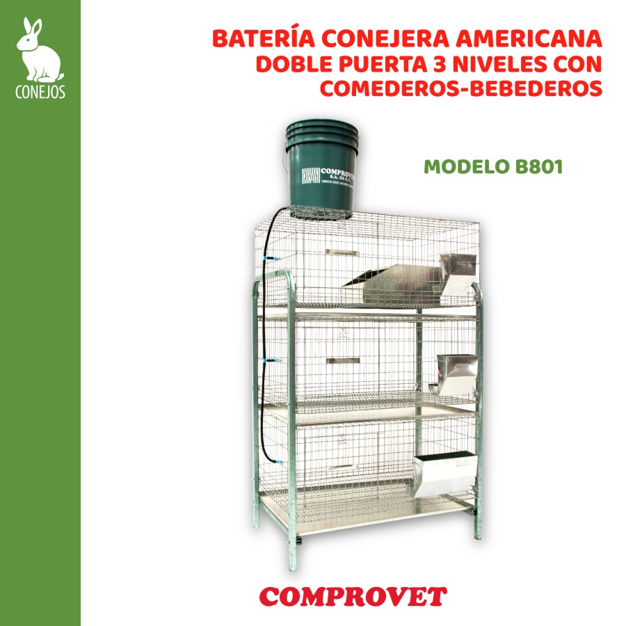 Batería conejeras americanas doble puerta 3 niveles comederos-bebederos lámina galvanizada
