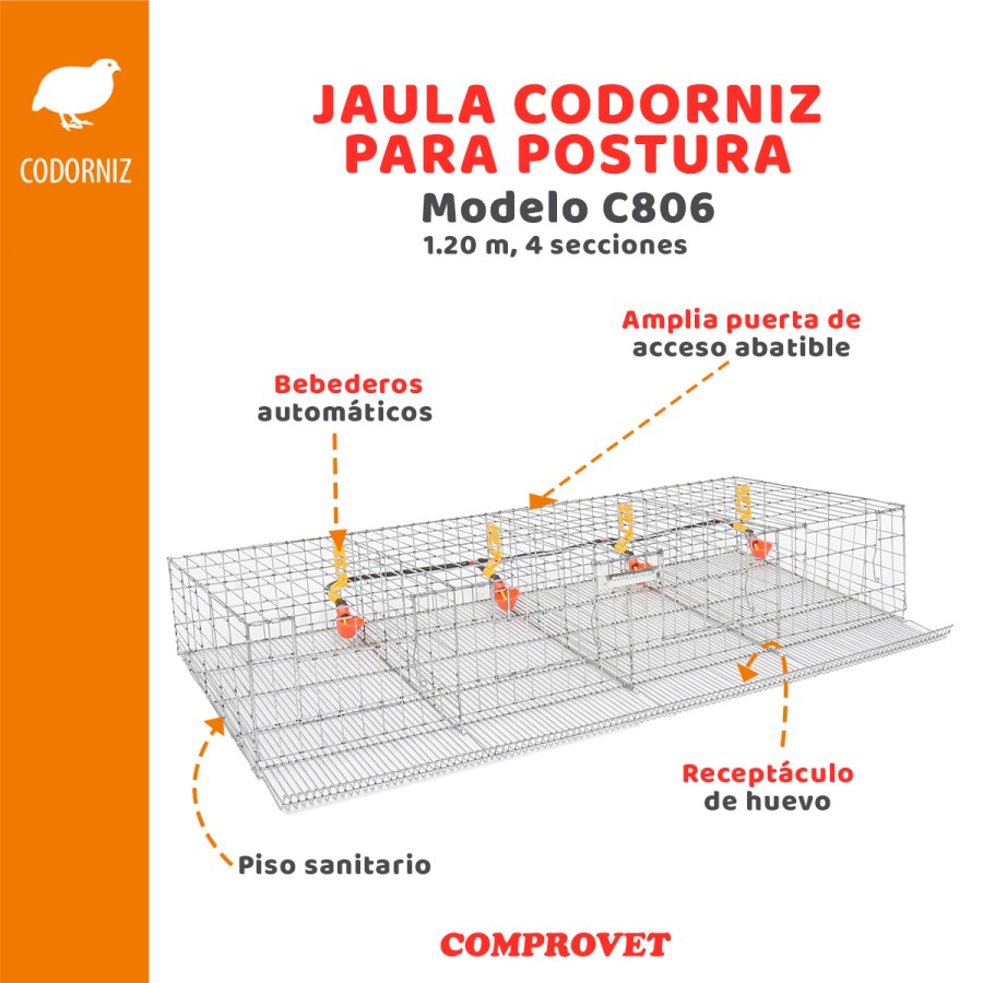 Jaula codorniz postura 1.20 m., 4 secciones, comedero-bebedero 